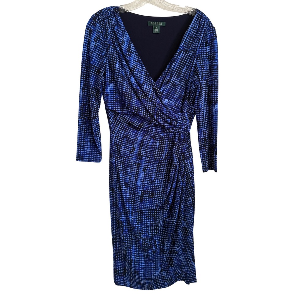Lauren Ralph Lauren Blue Geometric Dotted Faux Wrap Ruched Sheath Dress Size‎ 6